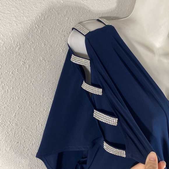 Alex Evenings Navy Blue Crystal Open Sleeve Blouson Maxi Gown Dress 6 - Picture 3 of 10